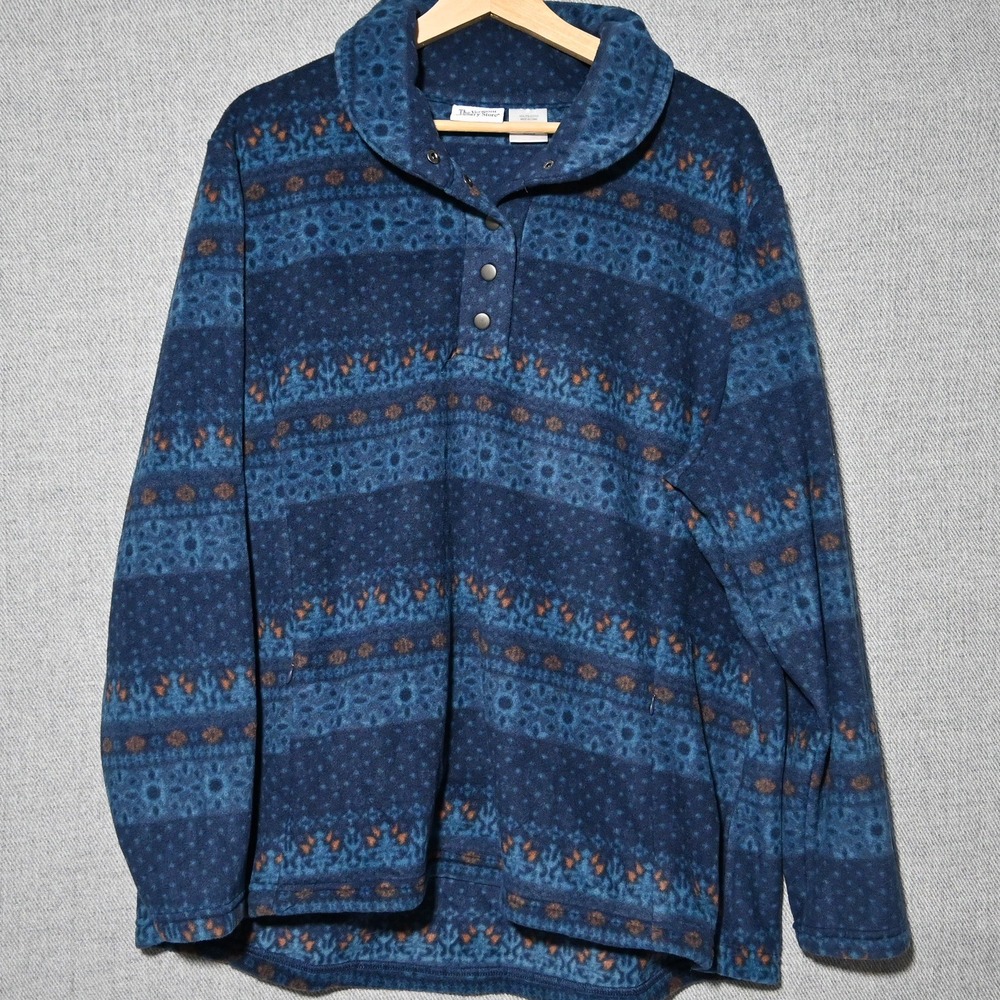 The Vermont Country Store Fleece Pullover Womens Fair Isle Snap Blue XL